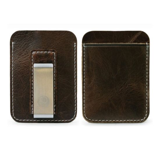 WALLET Slim Leather Wallet With Metal Money Clip - Dark Brown